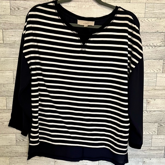LOFT Tops - BlueWhite LOFT Women Cotton Polyester Blouse High Low Hem 3/4 Sleeve Striped‎ M